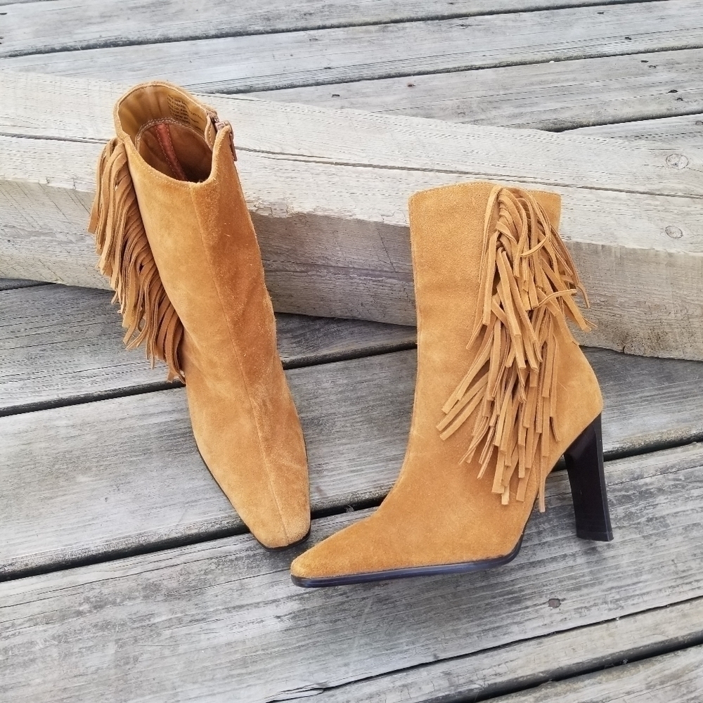 Vintage 90s y2k Camel Tan Suede Leather Fringe Western Cowgirl Boho Bratz‎ Boots